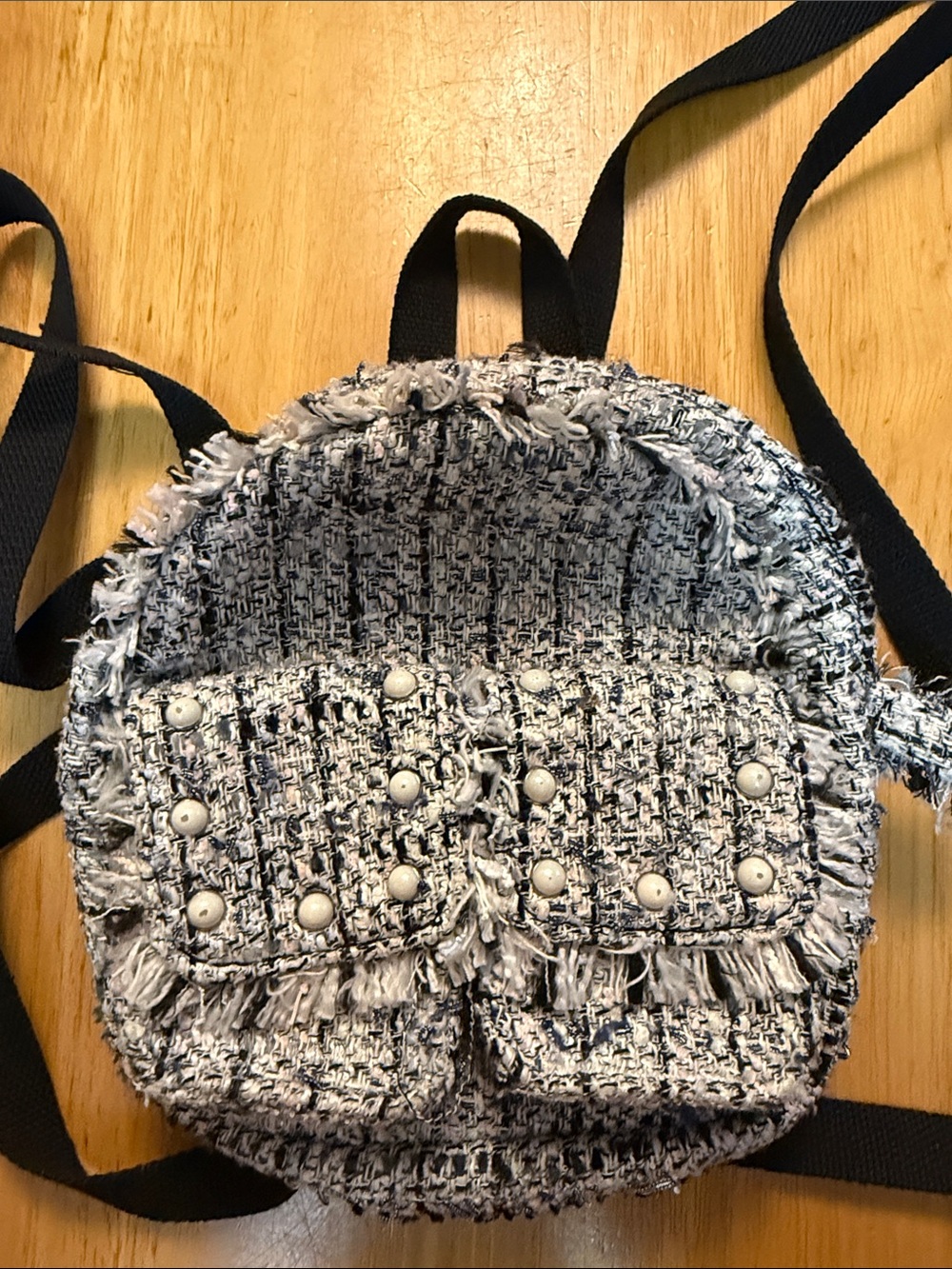 Zara Tweed Fringe Backpack - Black & White